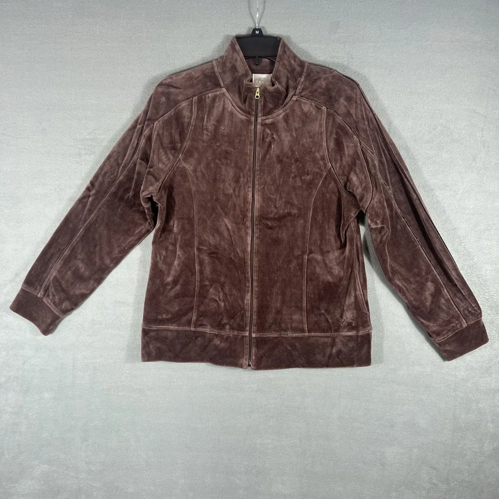 IZOD Movement Women's Large Velour Full Zip Activewear Jacket Brown Cotton Blend
